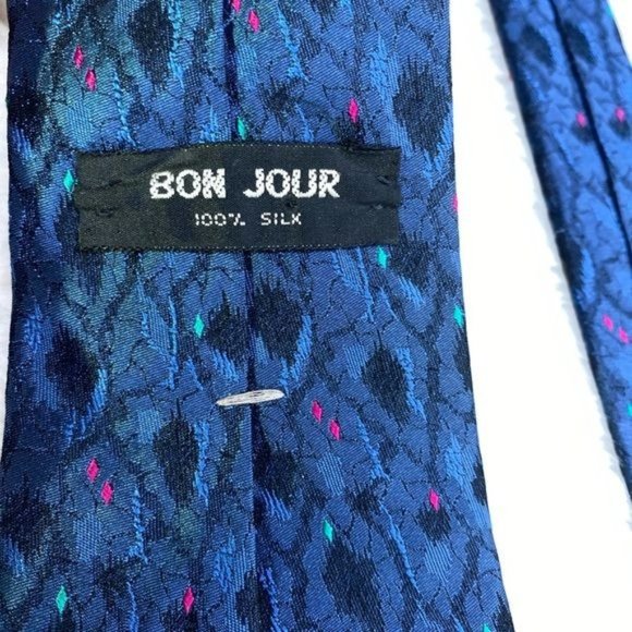 Vintage 80’s Mens Bon Jour 100% silk necktie navy blue with splatter speckles - Picture 3 of 6